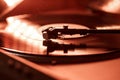 Closeup view of a tonearm and turntable playing vinyl record Royalty Free Stock Photo