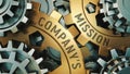 Closeup view of two golden cogwheels with the words: Company`s mission, Business concept. Gear mechanism. 3d illustration