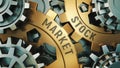 Closeup view of two golden cogwheels with the words: stock market, Business concept. Gear mechanism. 3d illustration