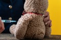 Closeup view of vaccinating teddy bear toy