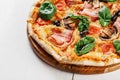 CLOSEUP view VERY HOT Italian Pizza. Prosciutto, Capricciosa, Funghi, Cotto HOMEMADE PIZZA. PIZZA ITALIAN, HOMEMADE PIZZA, PIZZA, Royalty Free Stock Photo