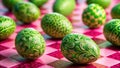 Closeup View of Vibrant Green Decorated Easter Eggs on a Playful Pink and Green Checkerboard Pattern HighQuality Stock Royalty Free Stock Photo