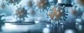 Closeup view of virus particle under microscopic examination in lab setting. Virus structure, spikes clearly visible. Research on