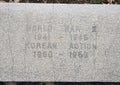 Closeup view war monument dedicated to the dead of all wars in the Veterans Memorial Garden, Dallas, Texas.