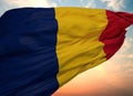 Closeup view of the waving Romanian flag on a background of sunset Royalty Free Stock Photo