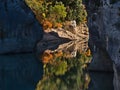 Closeup view of the western entrance of famous canyon Verdon Gorge (Gorges du Verdon) in Provence, France in autumn.