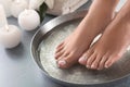 Closeup view of woman soaking her feet in dish with water on grey floor