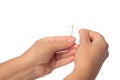 Closeup view of woman threading needle on white background