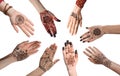 Closeup view of women with henna tattoo on hands against white background, collage. Traditional mehndi ornament