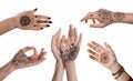 Closeup view of women with henna tattoo on hands against white, collage. Traditional mehndi ornament