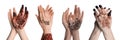 Closeup view of women with tattoo on hands against white background, collage. Traditional mehndi ornament