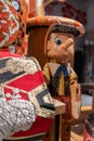 Closeup view of a wooden Pinocchio display in the shop for sale