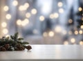 Closeup view of a wooden table top with blurry bokeh light background Royalty Free Stock Photo