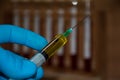 Closeup view of yellow transparent liquid medical vaccine is in an injector being held by doctor with blue disposable glove