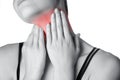 Closeup view of a young woman with pain on neck or thyroid gland Royalty Free Stock Photo