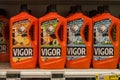 Closeup of Vigor industrial floor detergent bottles , the french brand in Cora supermarket