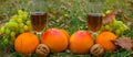 Closeup vine glass among heap of orange and fruits