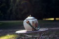 Closeup of a vintage patterned porcelain sugar pot