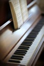 Closeup of a vintage piano and keyboard with a sheet music book. An empty antique or wooden musical instrument for Royalty Free Stock Photo