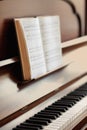 Closeup of a vintage piano and keyboard with a sheet music book. An empty antique or wooden musical instrument for