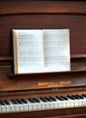 Closeup of a vintage piano and keyboard with a sheet music book. An empty antique or wooden musical instrument for Royalty Free Stock Photo