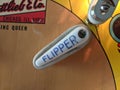 Closeup of vintage pinball flipper on Bowling Queen