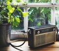 Closeup of vintage radio on wooden table Royalty Free Stock Photo