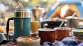 A closeup of a vintage thermos filled with steaming hot soup and surrounded by cups and bowls for a cozy picnic meal