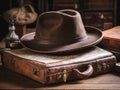 Closeup of vintage travel kit, suitcase, hat and world map, retro concept adventure Royalty Free Stock Photo