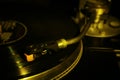 Closeup of vinyl turntable, hi-fi headshell cartridge in action, Retro gramophone playing analog disc with music. place Royalty Free Stock Photo