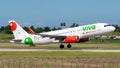 Closeup of a Viva Aerobus taking off from Jose Marti International Airport in Havana, Cuba