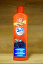 Closeup of a W5 brand 3 in 1 hob cleaning product in a plastic bottle on the shelf