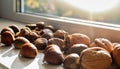 Closeup with walnuts and chestnuts on the windowsill where rays of sunlight shine through