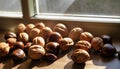 Closeup with walnuts and chestnuts on the windowsill where rays of sunlight shine through