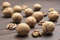 Closeup walnuts on dark wooden background