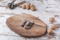 Closeup of walnuts, nutcracker, and dried fruit on a wooden board