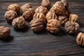 Closeup walnuts on wooden dark table