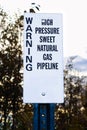 Closeup of a Warning High Pressure Gas Pipeline sign