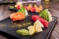 Closeup wasabi, lemon and white sushi ginger. Royalty Free Stock Photo