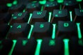 Closeup of a WASD laptop computer keyboard with a green light