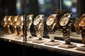 Closeup of watches elegantly showcased in glass display case. Generative AI Royalty Free Stock Photo