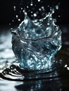 Closeup of water droplet on black surface splash splashing, captured with flash, beauty and fluidity of water hydro