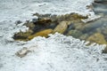 Closeup of water flowing in river, hole with crystalline ice around, long exposure makes flow silky smooth - winter weather