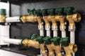 new gas pipeline system with green valves indoors Royalty Free Stock Photo