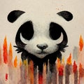 Closeup watercolor of a panda behind flames