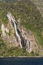 Closeup of waterfall at Milford Sound, New Zealand. Royalty Free Stock Photo