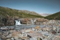 Closeup of a waterfall in a rocky environment on Island of kuannit, Disko Island in Greenland.