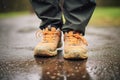 closeup of waterresistant shoes stepping into a wet trail