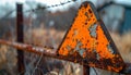 Closeup of weathered orange triangular warning sign on rusty chain link fence with barbed wire Royalty Free Stock Photo