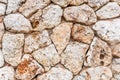 Closeup of a weathered stone wall covered with an intricate mosaic of variously-sized rocks.